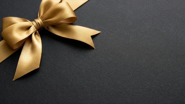 Black gift wrapping paper background texture with gold ribbon and bow in corner