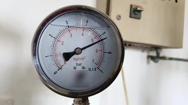 Industrial Pressure Gauge Dial On A Water Treatment Plant Pump Showing Needle Fluctuations During Operation