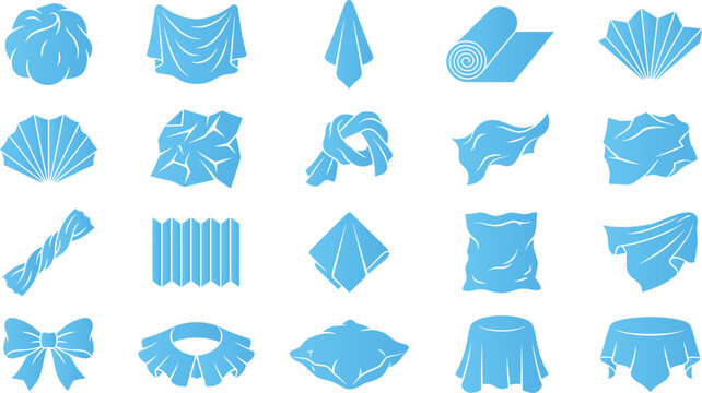 Fabric and textile material blue flat design icons set illustration graphic vector.