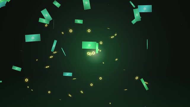 Abstract Motion Graphics With Floating Green Rectangles and Gold Rings