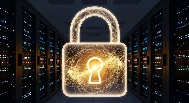 Cybersecurity padlock, digital data protection, secure server room, network security concept