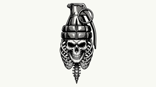 Vintage hand grenade skull vector illustration, military tactical explosive with human rib cage and spine, aggressive biker tattoo design