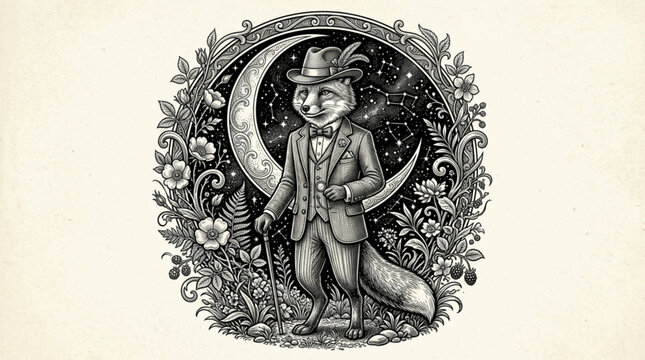 Whimsical anthropomorphic fox character sitting on a crescent moon surrounded by ornate floral details.