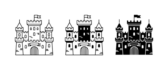 Castle Icons Set, Medieval Fortress Vector Graphics, Royal Palace Building Illustrations, Fantasy Landmark Symbols © Sohana