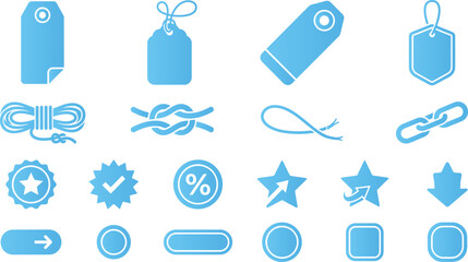 Set of blue shopping and pricing labels with rope knot and discount symbols on white background. © Sabbir