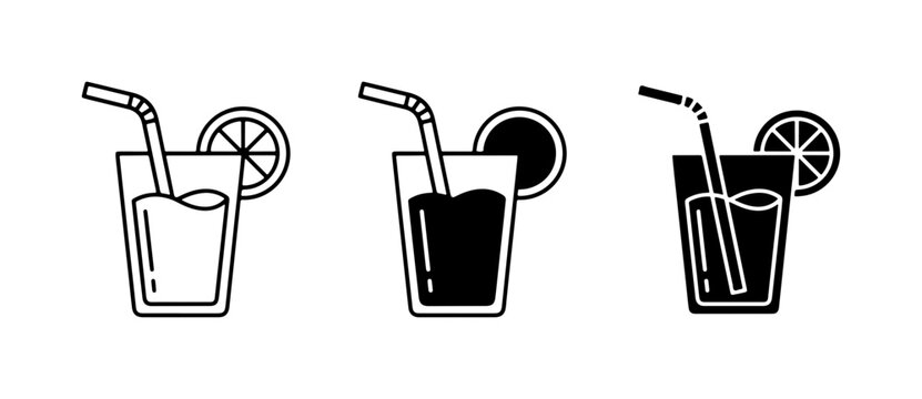 Refreshing Drink Icons: Three Styles of Beverage Glasses with Straws and Citrus Slices, Vector Graphics for Refreshments