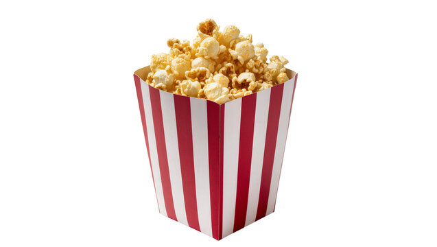 Isolated classic red and white striped carton bucket overflowing with fresh cinema popcorn