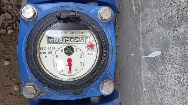Close Up Of An Industrial Bulk Water Meter Dial Operating And Measuring Water Flow In A Vertical Position