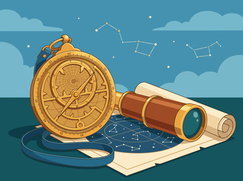 An artistic arrangement of a compass, telescope, and a celestial map, symbolizing exploration and navigation through the mysteries of the stars and the universe.
