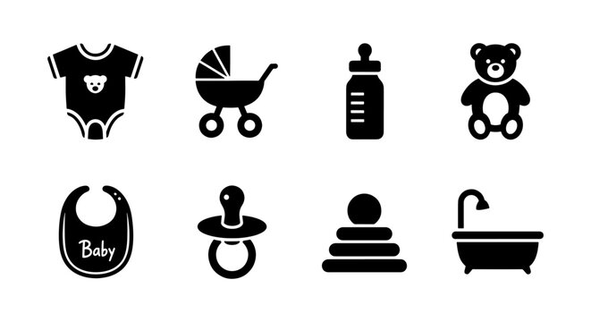 Baby Icons Set: Bodysuit, Stroller, Bottle, Teddy Bear, Bib, Pacifier, Toy, Bathtub Vector Graphics