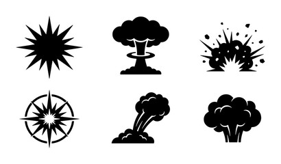 Explosion and Blast Icons Set, Atomic Bomb and Starburst Symbols, Impact and Energy Vector Graphics © Jalal