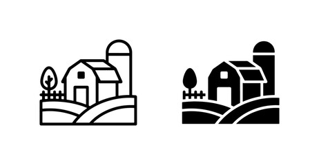 Naklejka premium Farmhouse and Silo Icons, Rural Landscape Vector Art, Countryside Buildings, Agricultural Scene Graphics