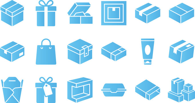 Blue packaging box and gift icons collection shipping and delivery items.