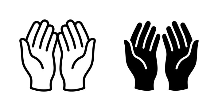 Praying Hands Icon Set, Open Palms Silhouette, Religious Symbol, Dua Gesture, Hope and Faith Vector Graphics