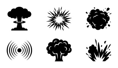 Explosion Icons Set, Blast and Burst Symbols, Comic Sound Effects, Nuclear Mushroom Cloud, Energy Burst Vector Graphics © Mitu