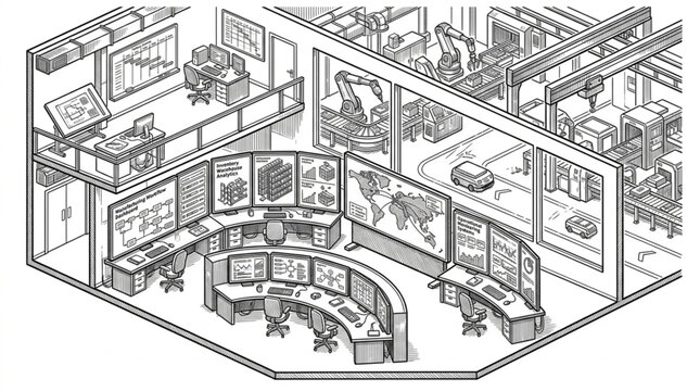 Vintage Control Room with Multiple Screens and Desks.