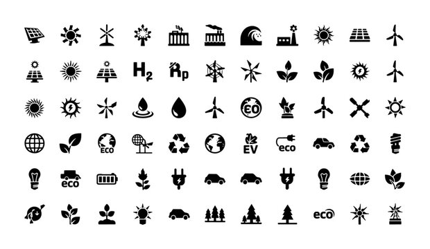 Eco Icons Set: Renewable Energy, Sustainability, Green Technology, Clean Power, Nature Symbols