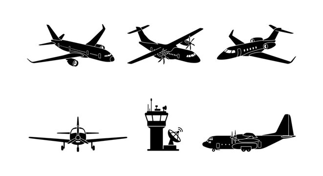 Modern Aircraft Silhouettes, Aviation Icons, Air Traffic Control Tower, Commercial Jets, Private Planes, Cargo Aircraft