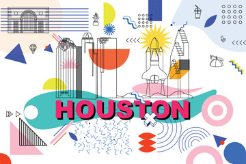 Obraz premium Houston culture travel set, American famous architectures, USA in flat design. Texas business travel and tourism concept clipart. Image for presentation, banner, website, advert, flyer, roadmap, ico