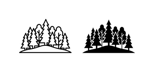Forest Landscape Icons, Pine Trees, Woodland Silhouette, Nature Scene Vector Graphics © Mitu