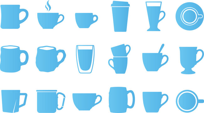 Blue vector icon set showcasing diverse types of cups mugs and glassware for hot drinks.
