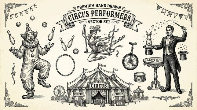Vintage Circus Performers and Tent Illustration Vector Set.