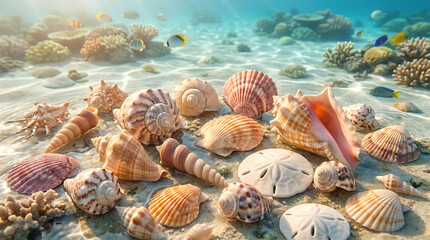 A vibrant collection of diverse seashells resting on a shallow coral reef underwater, inviting dreams of tropical beaches and serene ocean exploration. © siti faqihah haslu