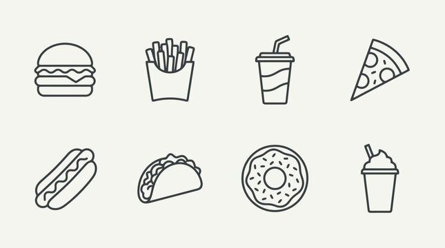 Fast Food Icons Line Drawings Collection.