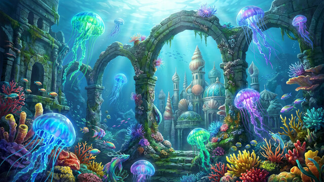 Underwater World
&ldquo;A magical underwater kingdom with glowing jellyfish, ancient ruins, colorful coral reefs, fantasy ocean scene, ultra detailed digital art, 4K UHD&rdquo;