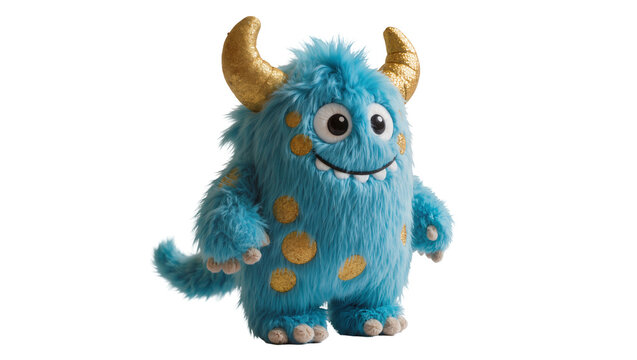 Isolated cute fuzzy blue monster plush toy with golden horns and spots, friendly smile.