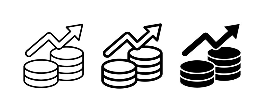 Growth Icons: Stacked Coins with Upward Trend Arrow, Financial Increase, Investment Profit, Business Success