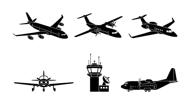 Aircraft and Airport Icons Set: Commercial Jets, Turboprop, Private Jet, Propeller Plane, Control Tower, Cargo Plane Vector Graphics