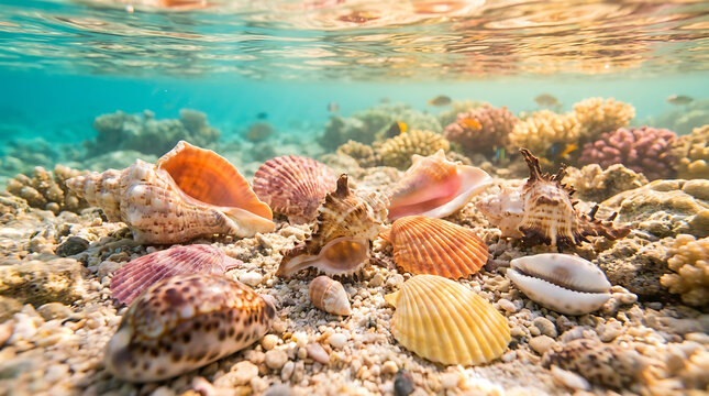 Diverse Seashell Collection Resting on a Shallow Coral Reef Underwater with Sunlight Filtering Through Turquoise Water