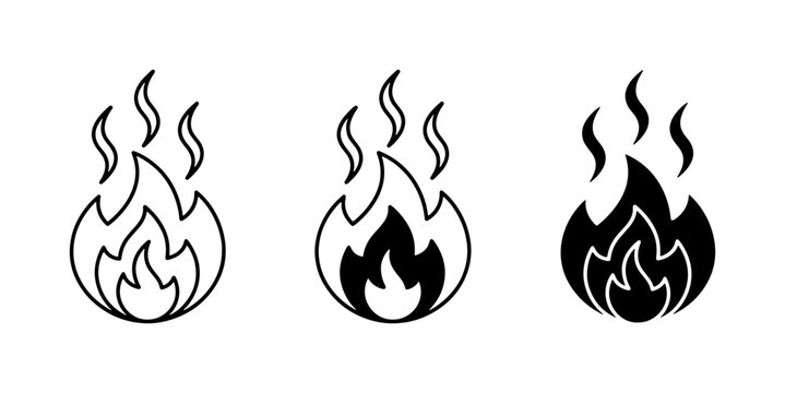Three Fire Icons: Outline, Silhouette, and Solid Black Flame Graphics for Safety and Heat Concepts