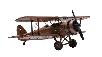 Isolated vintage brown biplane model, classic old airplane toy object studio shot. © Oisin
