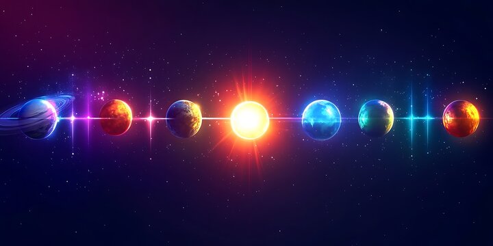 Glowing planets aligned horizontally across the vast dark deep space