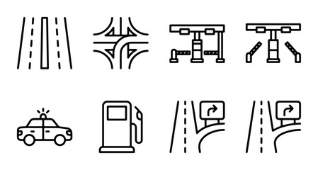 Road and Transportation Icons: Highway, Interchange, Gas Station, Police Car, Traffic Lights, Navigation Signs © Mahinul