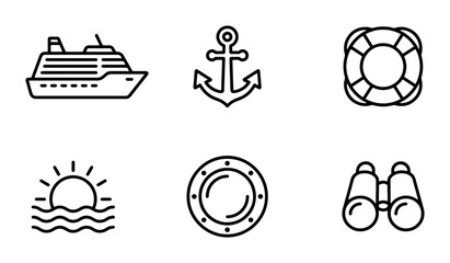 Nautical Icons Set: Cruise Ship, Anchor, Lifebuoy, Sunrise, Porthole, Binoculars, Vector Graphics for Maritime Themes © Sadia