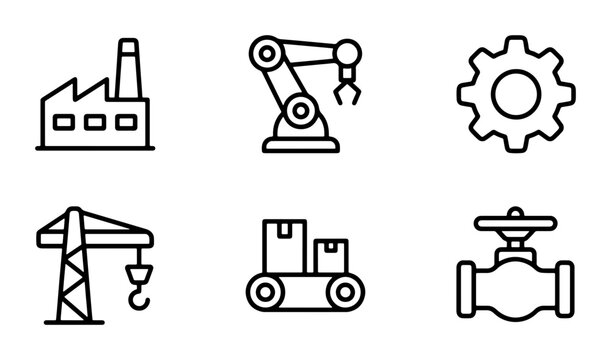 Industrial Icons Set: Factory, Robot Arm, Gear, Crane, Conveyor Belt, Valve, Engineering, Manufacturing