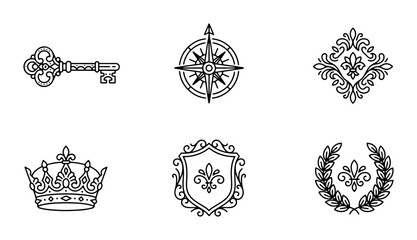 Vintage heraldic icons set, 6 royal luxury line art symbols, antique crown and shield vector, medieval fleur de lis logos © Fariya