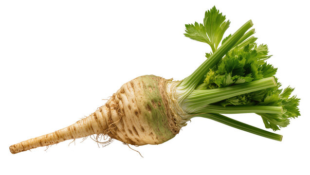 Isolated fresh whole celeriac or celery root vegetable with green leafy tops, raw and organic