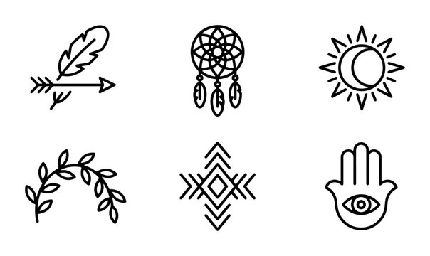 Bohemian Icon Set: Feather Arrow, Dreamcatcher, Sun Moon, Laurel Wreath, Geometric Symbol, Hamsa Hand