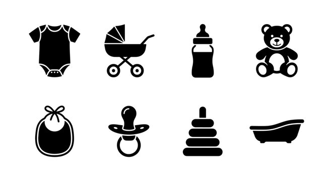 Baby icon set with 8 black solid vector elements. Newborn nursery symbols, infant care equipment, childhood toy graphics
