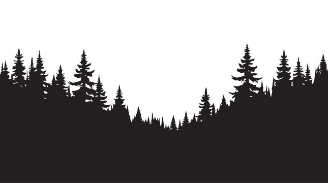 landscape with black silhouettes of trees and hills, trees silhouettes set. Black pine woods
