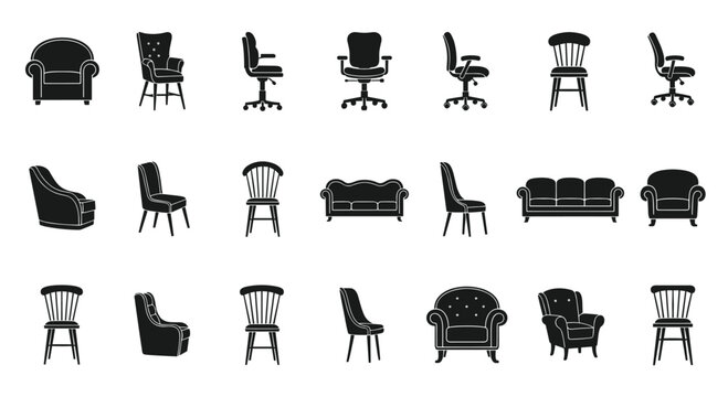 Comprehensive set of black silhouettes representing different types of chairs, armchairs, and sofas for interior design and furniture planning.