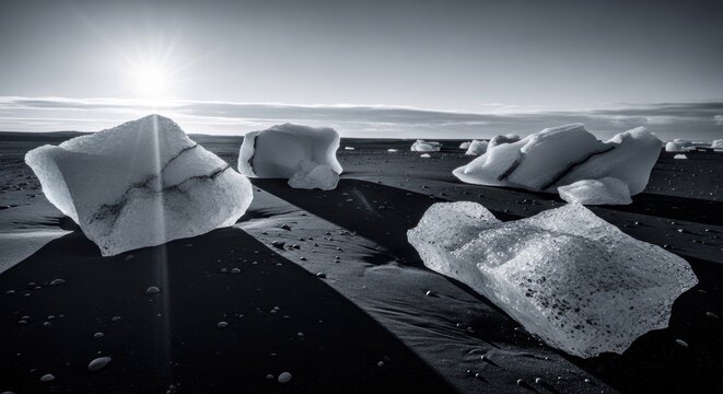 Monochrome Icebergs on Black Sand Beach in Iceland.