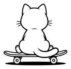 Cute cat from back view sitting on a skateboard in minimalist black outline style © AnimalZOO
