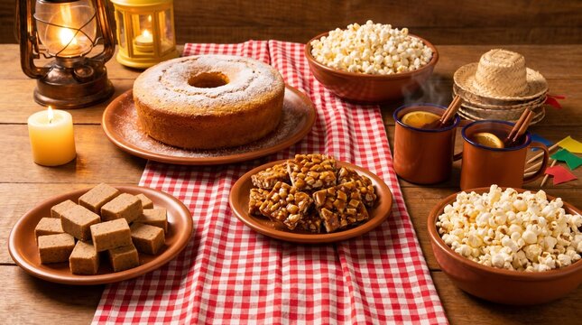 Mesa t&iacute;pica brasileira de festa junina com doces e bebidas tradicionais