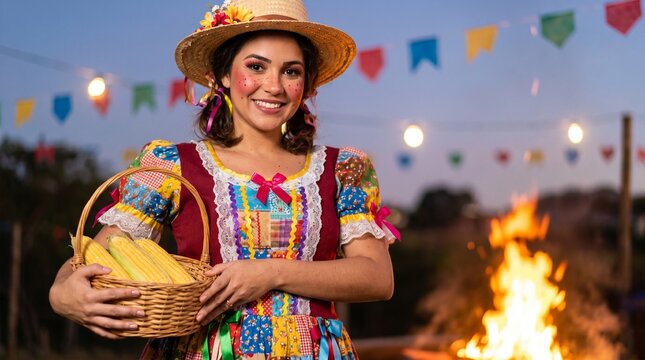 Mulher caipira segurando cesta de milho em cen&aacute;rio iluminado de festa junina