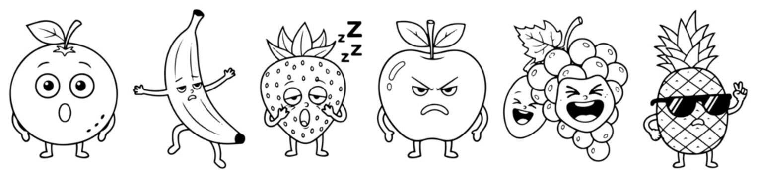 Cartoon fruit characters with different facial expressions in funny line art style